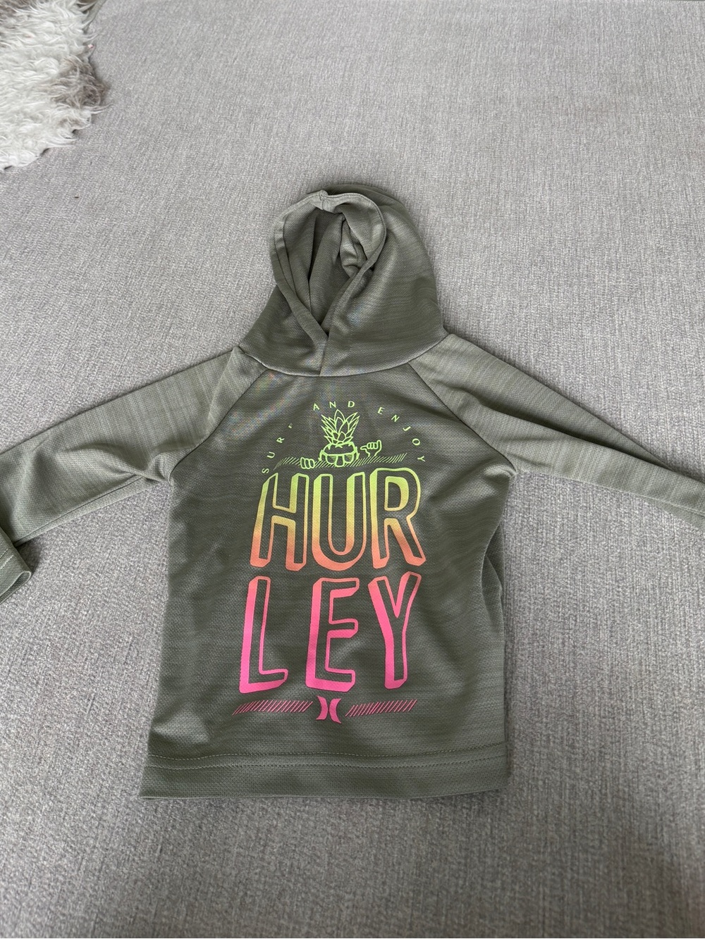 Hurley Kids Olive Green Hoodie with Neon Yellow and Neon Pink Logo